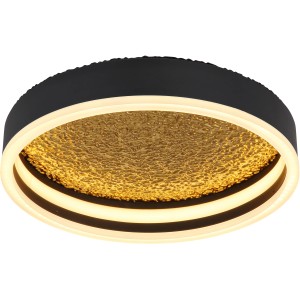 Schwarze, runde LED-Deckenleuchte Hedi mit goldfarbenem Acryl, 300x75 mm. Moderne Deckenlampe für Wohnräume.