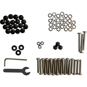 Montage-Set für Kissenboxen: Schrauben, Muttern, Unterlegscheiben, Kappen, Schlüssel.