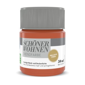 Schöner Wohnen Trendfarbe Aperitivo, 50ml, matte Wandfarbe im kleinen Farbtiegel mit grauem Deckel.