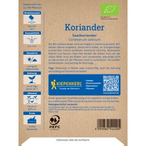 Kiepenkerl BIO Koriander Saatgut, Packung mit Infos zu Aussaat, Standort und Erntezeit.