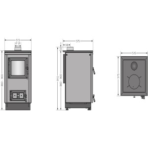 Technische Zeichnung: Justus Küchenofen Rustico 50 2.0, Stahl Grün, Maße und Details.