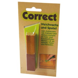 Weichwachs Eiche zum Ausbessern von Laminat und Holz, mit Spachtel. Ideal für Möbelreparaturen.