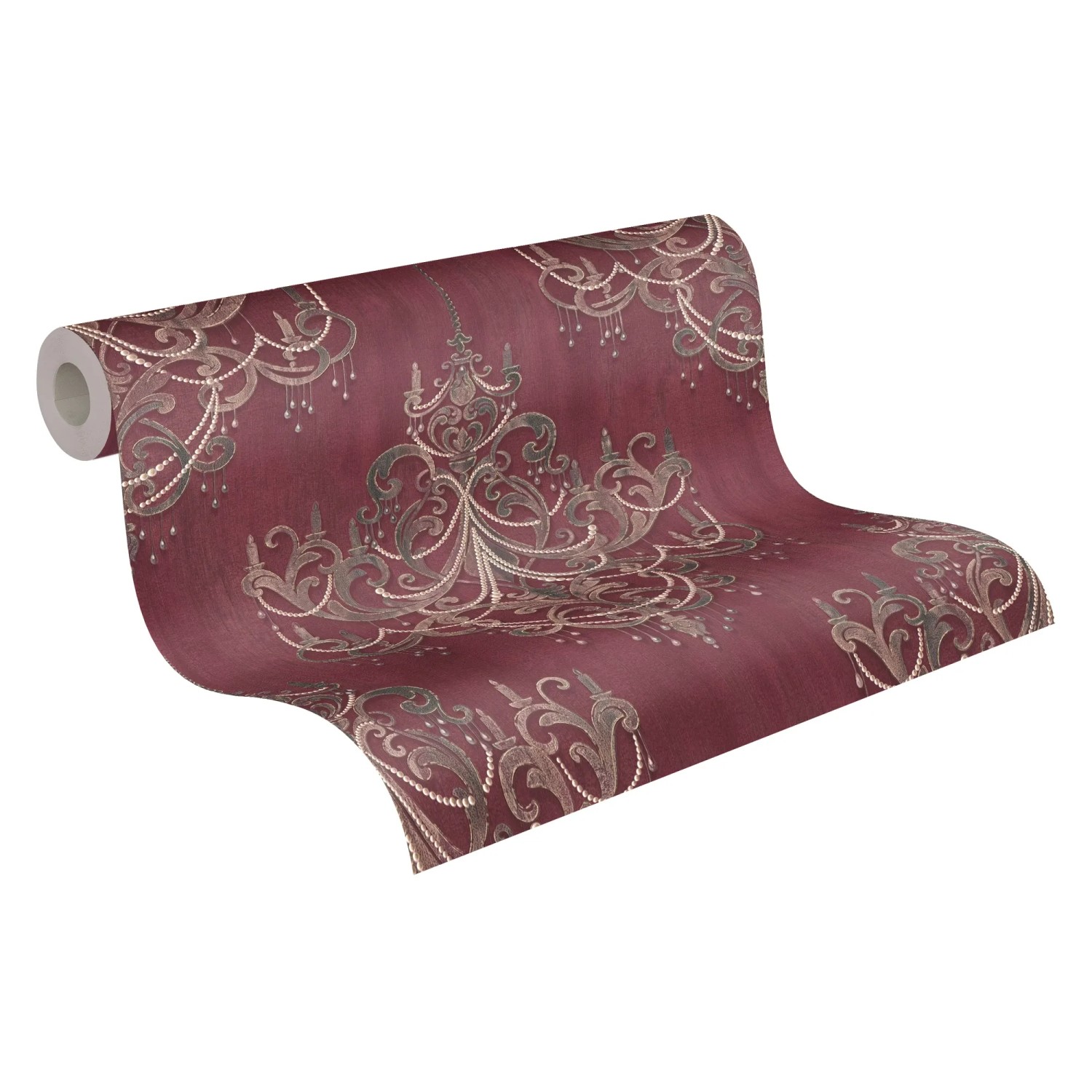 Vliestapete in Rot-Rosa mit Barock-Kronleuchter-Muster, Rolle teilweise abgerollt.