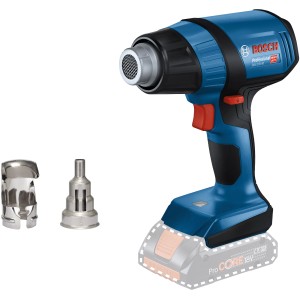 Bosch Professional Akku-Heißluftgebläse GHG 18 V-50 mit Düsenaufsätzen.