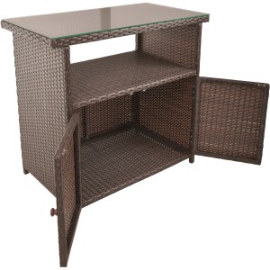 Rechteckiger, brauner Gartentisch Padua Coffee 90x50cm mit Glasplatte und zwei offenen Türen.