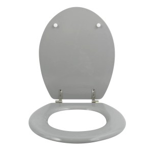 MSV WC-Sitz Cleo, MDF grau, mit Edelstahlscharnieren, geöffnet.