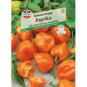 Samenpackung Sperli Paprika Habanero Orange, scharfe Chili Sorte mit orangefarbenen Früchten.