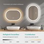 Ovale Emke Badspiegel 70x50 cm mit dimmbarer LED-Beleuchtung in warmem und kaltem Licht, horizontal/vertikal montiert.