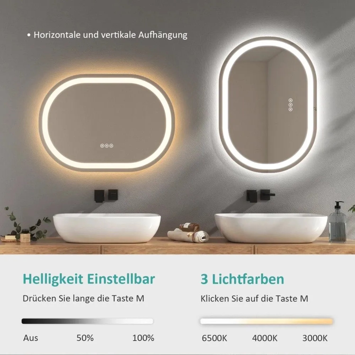 Ovale Emke Badspiegel 70x50 cm mit dimmbarer LED-Beleuchtung in warmem und kaltem Licht, horizontal/vertikal montiert.