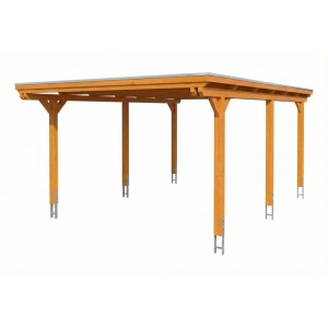 Skan Holz Carport Emsland, helles Eichenholz, Flachdach mit EPDM-Folie. Massive Holzkonstruktion, 6 Pfosten.