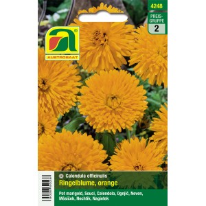 Austrosaat Ringelblume Orange, Calendula officinalis Saatgutpackung mit orangen Blüten.
