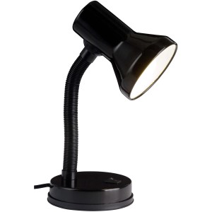 Schwarze Tischleuchte aus Metall und Kunststoff, flexibler Arm, ideal als Schreibtischlampe.