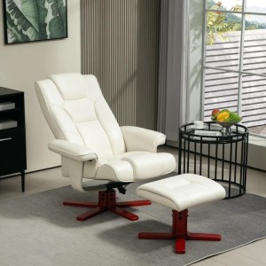 HOMCOM Relaxsessel mit Hocker Kunstleder Holz Cremeweiß 84B x 84T x 104H cm