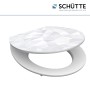 Schütte WC-Sitz Diamond mit Holzkern und Absenkautomatik, weißes geometrisches Muster.