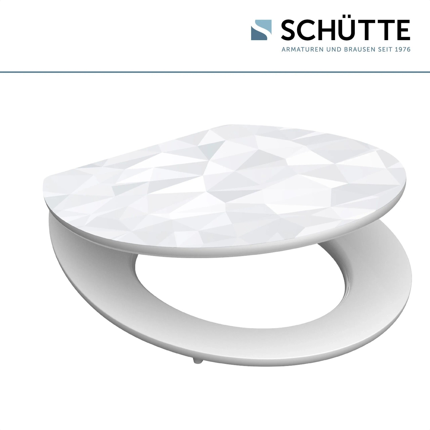 Schütte WC-Sitz Diamond mit Holzkern und Absenkautomatik, weißes geometrisches Muster.