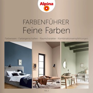 Alpina Feine Farben Farbenführer mit Wohnraum-Beispielen in verschiedenen Farbtönen.