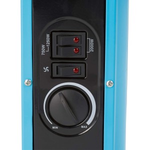 Detailaufnahme: Bedienelemente des Konvektorheizers Skibby 2 kW mit Schaltern und Thermostat.