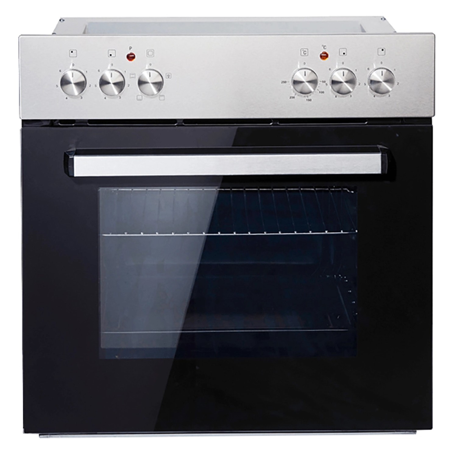 Backofen aus der Held Küchen Küchenzeile Kempten mit schwarzer Glasfront und silberfarbenen Bedienelementen.