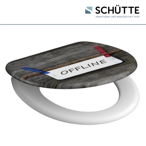 Schütte WC-Sitz Offline Duroplast mit Absenkautomatik, Holzoptik und Handy-Motiv.