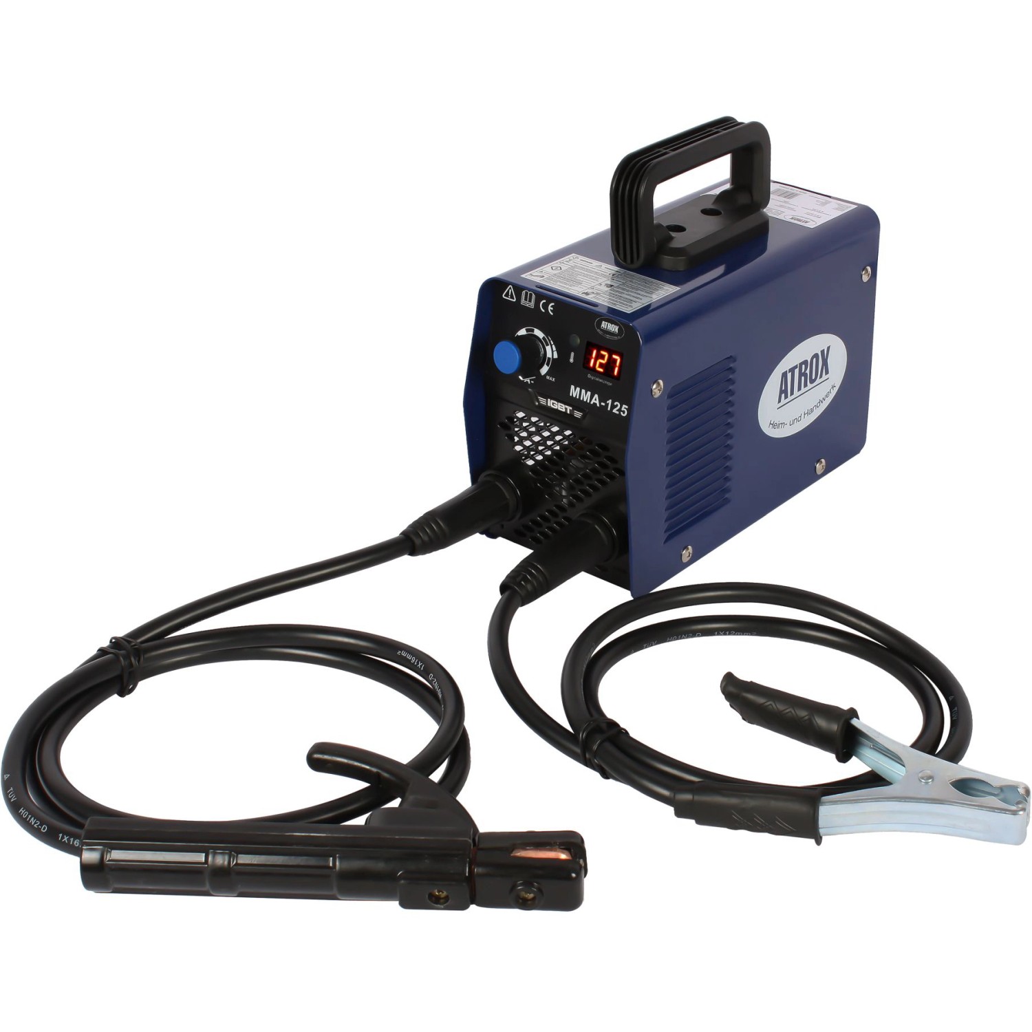Atrox IGBT Inverter-Schweißgerät 4,5 kVA, blau, mit Kabeln und Elektrodenhalter.