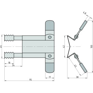 Technische Zeichnung: Basi Rollladen-Klemme RK 100, Maße und Details zur Montage der Rollladensicherung.