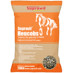 Supravit Heucobs Pferdefutter, 20kg Sack. Orange-beige Verpackung mit Pferdemotiv und Heupellets. Staubfreier Heuersatz.