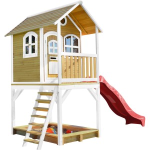 Axi Sarah Spielhaus mit Rutsche, Sandkasten, Leiter, aus Holz in Braun, Weiß und Rot.