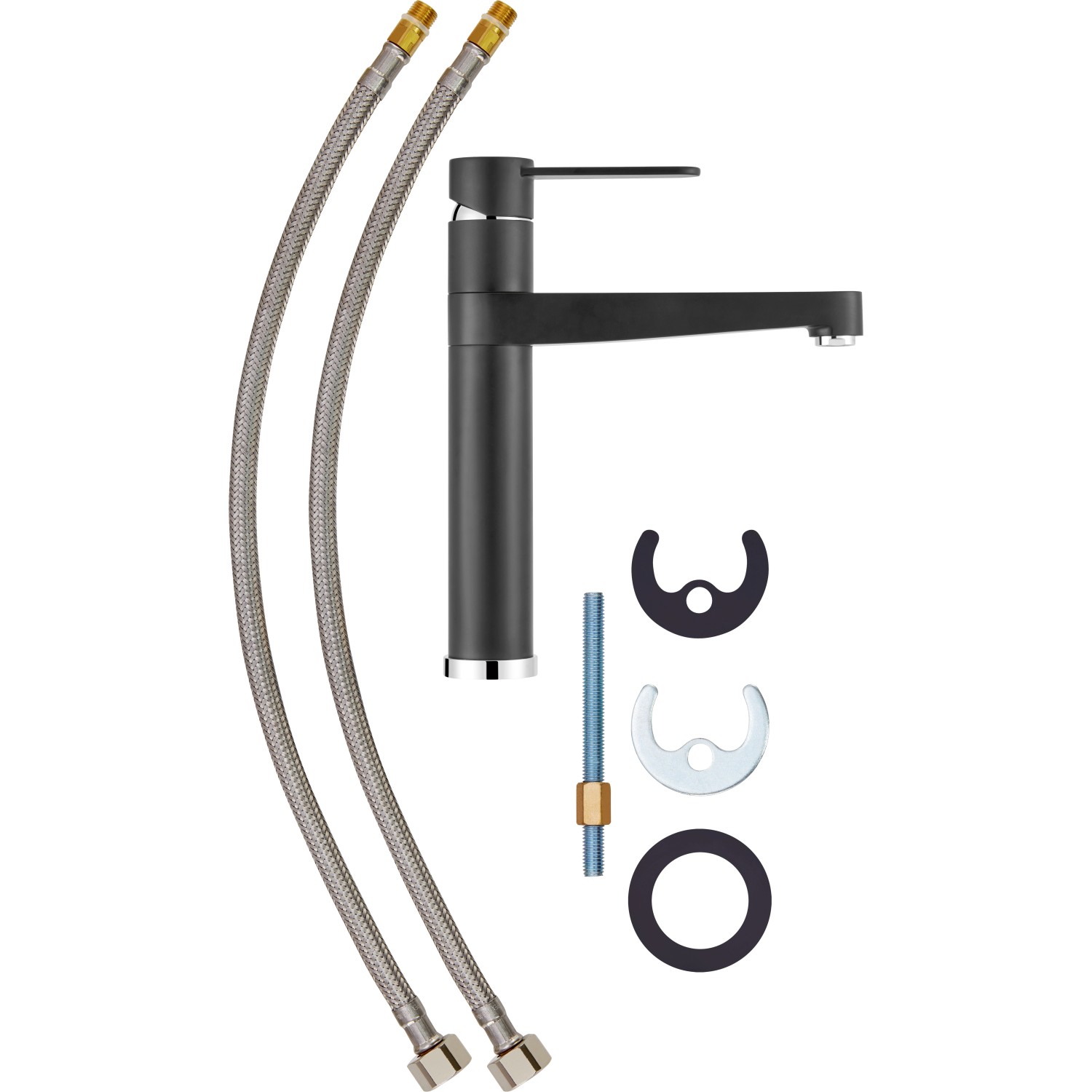 Schwarze baliv Küchenarmatur KI-1210 mit Zubehör für die Montage.