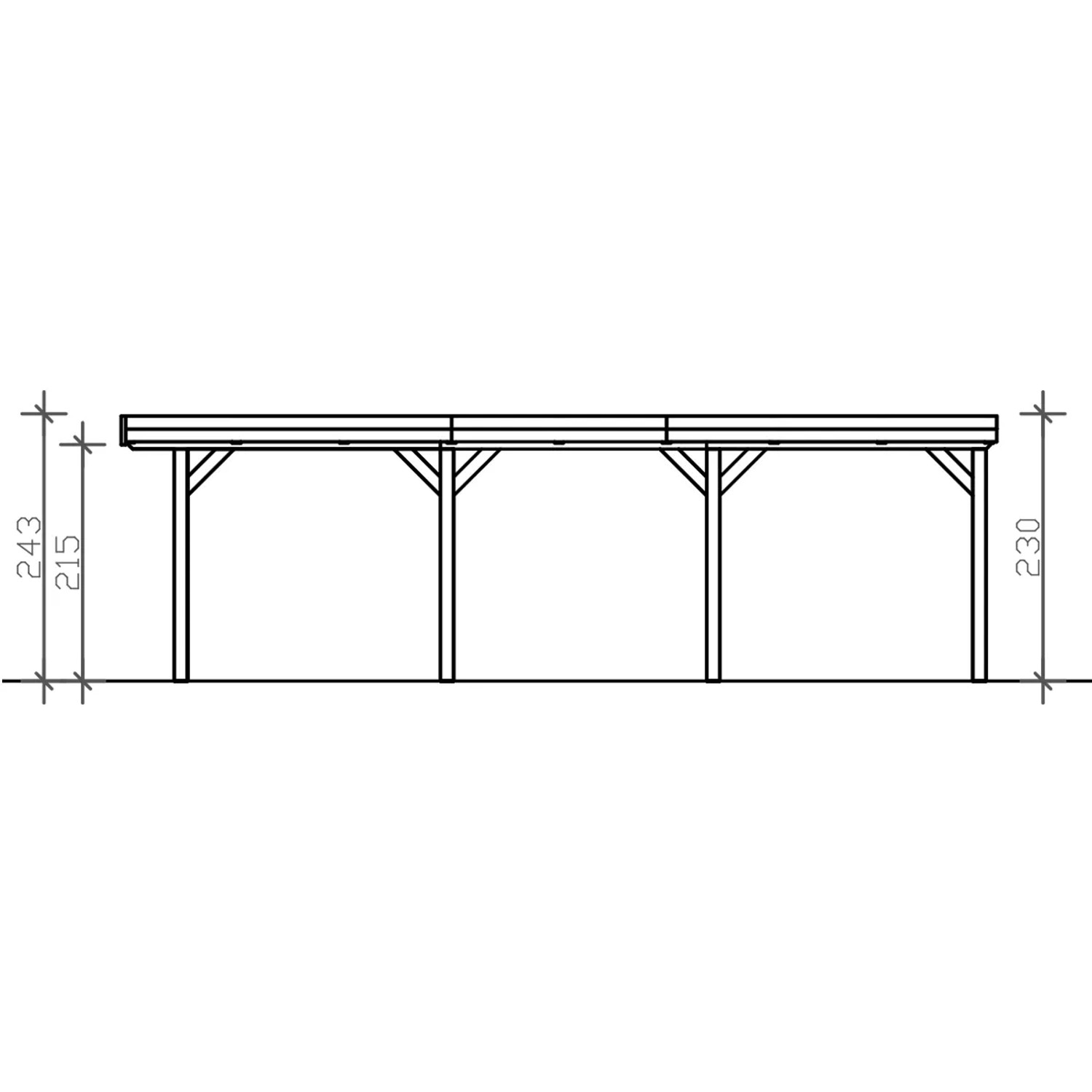 Technische Zeichnung: Skan Holz Carport Grunewald, 321x796 cm, Eiche Hell, mit Maßangaben.