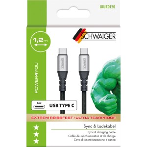 Schwaiger USB-C Kabel, 1,2m, schwarz, unzerstörbar, zum Laden und Synchronisieren.