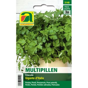 Austrosaat Multipillen Petersilie Gigante d'Italia Samenpackung mit grünen, glatten Blättern.
