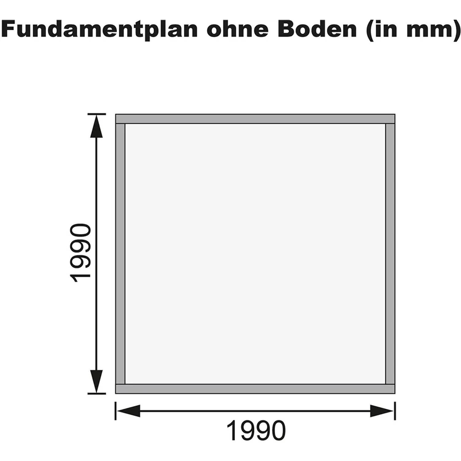Fundamentplan für Karibu Gartenhaus Kumla 1, 200x200 cm, ohne Boden.