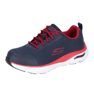 Marineblaue Skechers Arch Fit S3 Sicherheitsschuhe für Herren mit roten Akzenten und weißer Sohle.