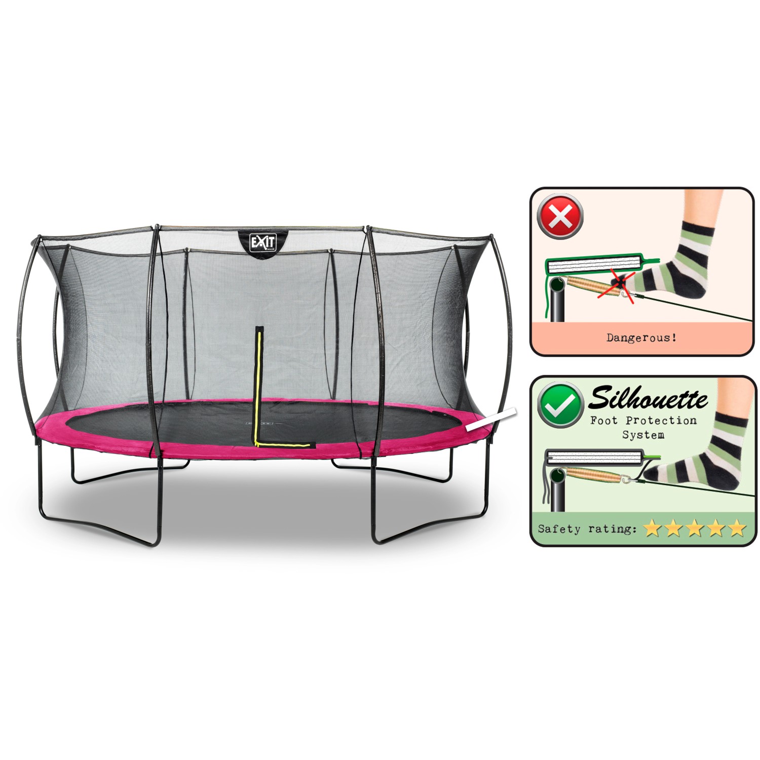 EXIT Silhouette Trampolin D427cm in Rosa mit Sicherheitsnetz und Fußschutzsystem.