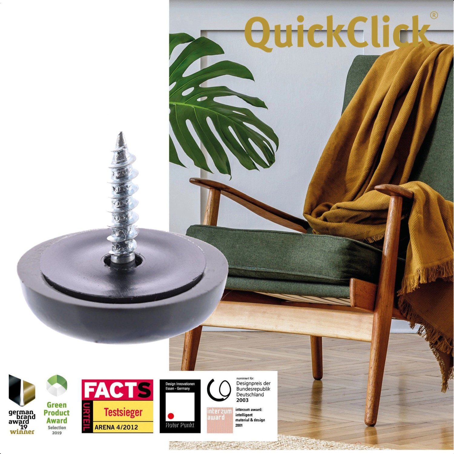 Wagner QuickClick Gleitaufsatz, 12-teilig, schwarz-grau, Ø 20mm. Möbelgleiter mit Schraube für Teppich, Kork und mehr.