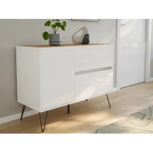 Posseik Sideboard Industrial S, weiß/Eiche, 100 cm breit, mit 2 Schubladen und 1 Tür.