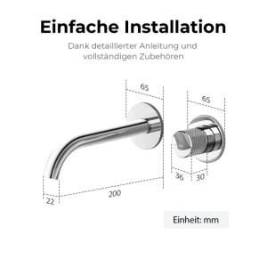 Maßzeichnung der Emke Waschtischarmatur Unterputz, Chrom. Wandmontage Wasserhahn mit Einhebelmischer und Abmessungen.