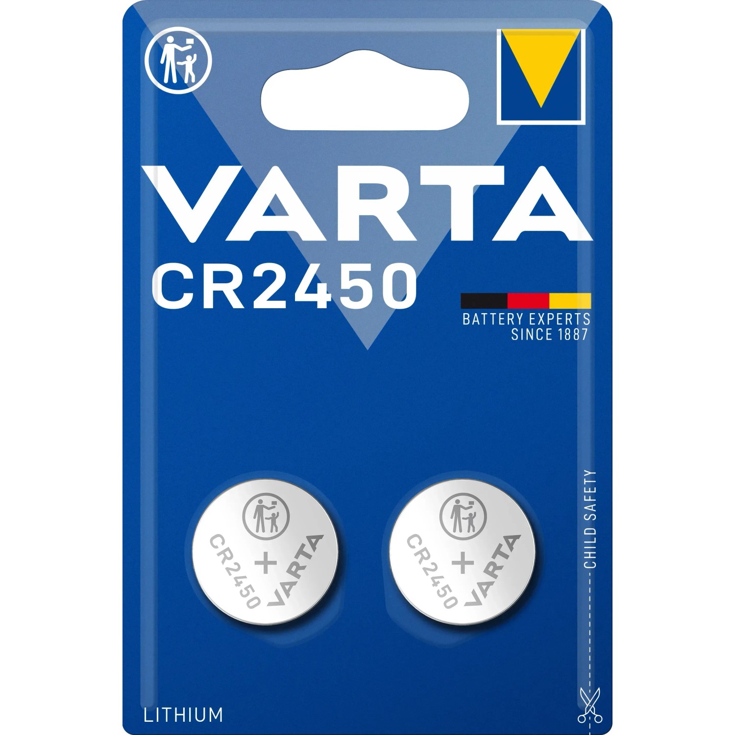 Varta CR2450 Knopfzellen 2er-Pack in blauer Verpackung. Lithium Batterie für elektronische Geräte.