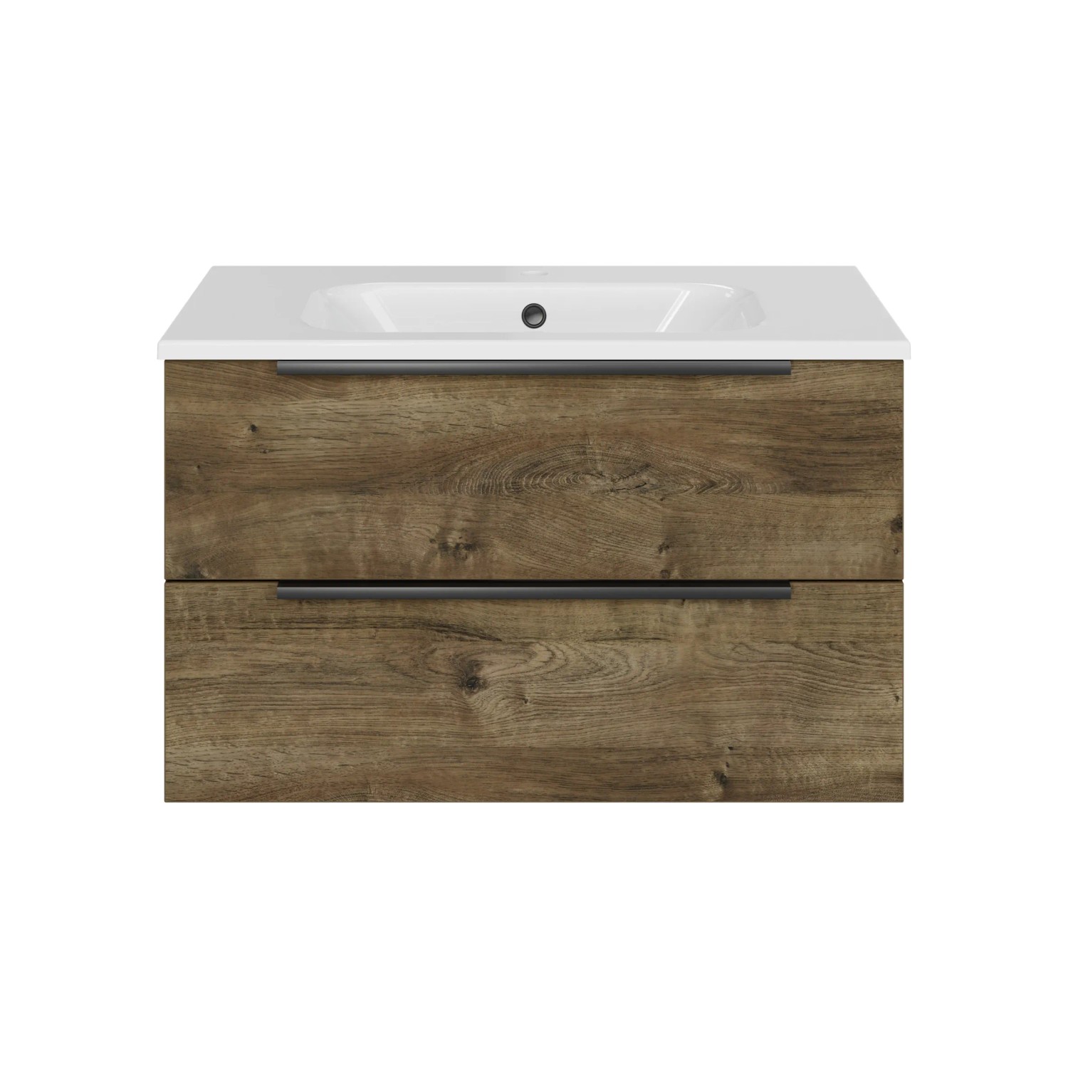 Pelipal Badmöbel-Set Quantum 07, Eiche Ribbeck quer, 81 cm mit 2 Auszügen und weißem Waschtisch.