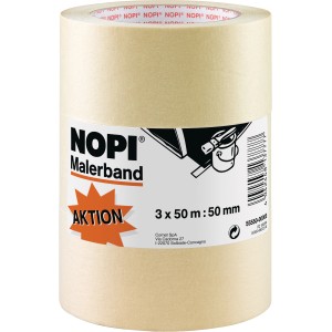 Nopi Malerband Aktion, 3 Rollen à 50m x 50mm, schwach gekrepptes Abdeckband aus Naturkautschuk.