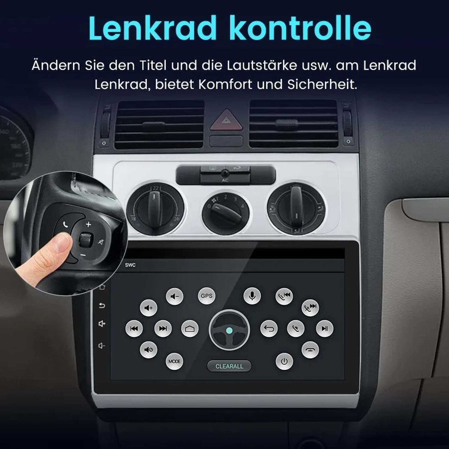 Junsun Autoradio im VW Touran. Lenkradsteuerung für Lautstärke & Titel. CarPlay, Android Auto, GPS Navigation.