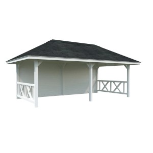 Palmako Pavillon Bianca Set, 588x300 cm, weiß lackiert, mit Rückwand und Balustraden Geländer.