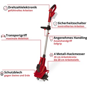 Einhell Akku-Bodenhacke GE-CR 18/20 Li E Solo: Rote Motorhacke mit Hackmessern und Akku für Garten und Beet.