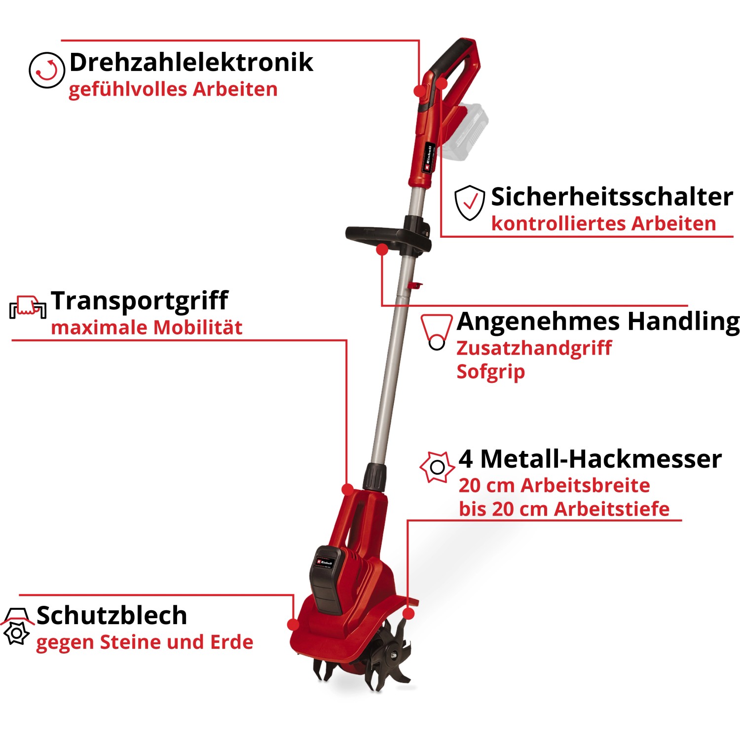 Einhell Akku-Bodenhacke GE-CR 18/20 Li E Solo: Rote Motorhacke mit Hackmessern und Akku für Garten und Beet.