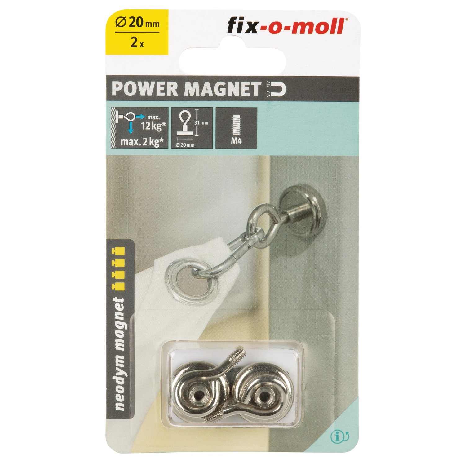 Fix-o-moll Topfmagnete Neodym mit Öse, 2er-Pack, silberfarben, zum Aufhängen und Befestigen im Haushalt.