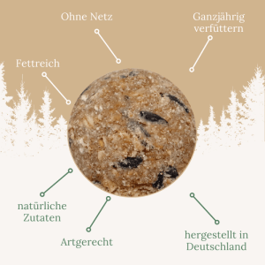 Nahaufnahme eines ORNI Meisenknödels ohne Netz mit Sonnenblumenkernen, fettreich für Wildvögel.