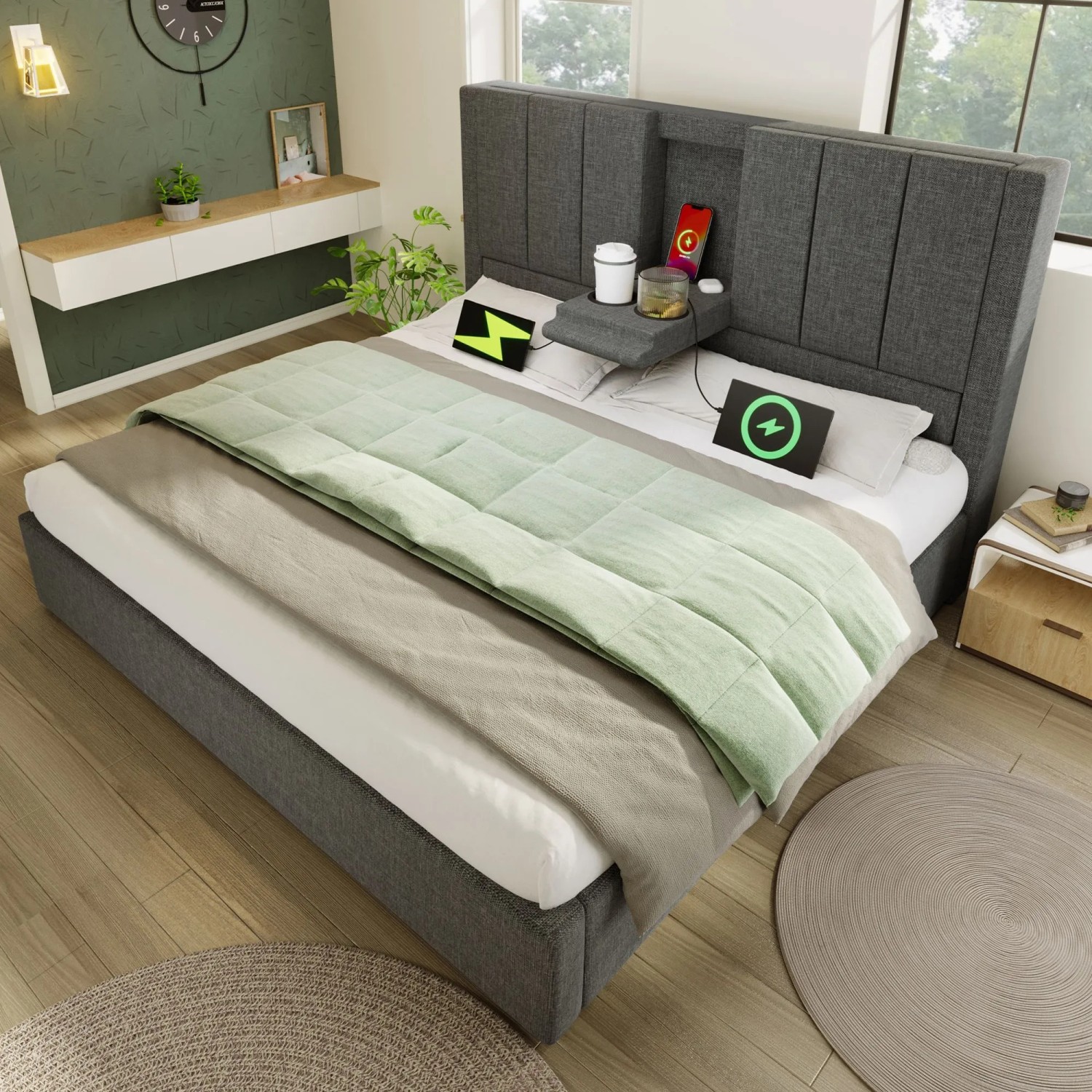 okwish Polsterbett 140x190cm mit Becherhalter Kinderzimmer Grau ohne Matratze_4
