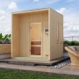 Karibu Saunahaus Almeria mit Ofen, naturbelassen, mit Terrasse und Glastür.