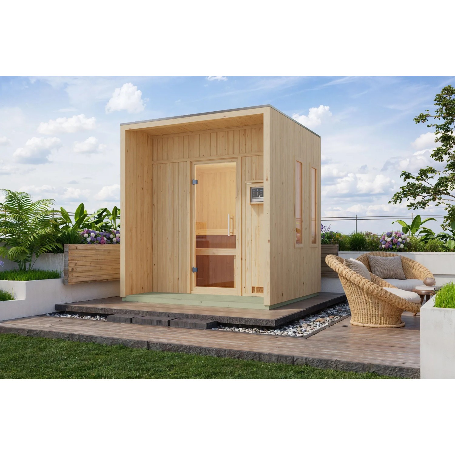 Karibu Saunahaus Almeria mit Ofen, naturbelassen, mit Terrasse und Glastür.
