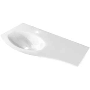 Weißes Einbauwaschbecken (104 cm) aus Glas mit Ablagefläche rechts.